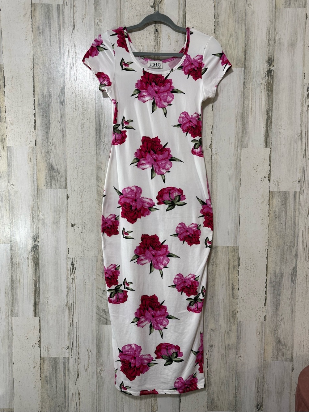 TMG Bodycon Sexy Slim Fit White Maxi Dress with Pink Floral